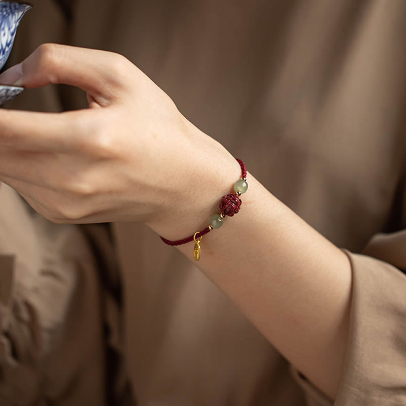 Buddha Stones Natural Cinnabar Chinese Zodiac Hetian Jade Fu Character Luck Rope Bracelet - image 18