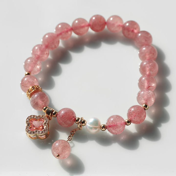 Buddha Stones Strawberry Quartz Pearl Four Leaf Clover Charm Healing Bracelet - image 9