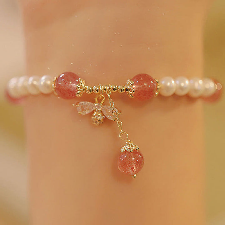 Buddha Stones Natural Pearl Strawberry Quartz Healing Cute Honey Bee Charm Bracelet - image 6