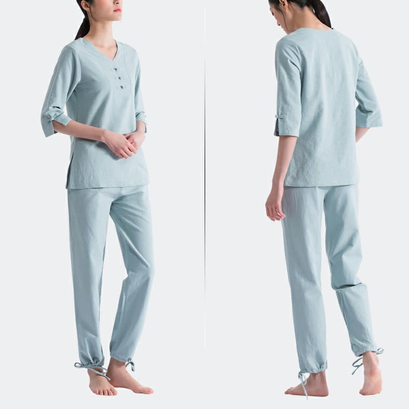 Buddha Stones Yoga Meditation Prayer V-neck Design Cotton Linen Clothing Uniform Zen Practice Women's Set - image 1