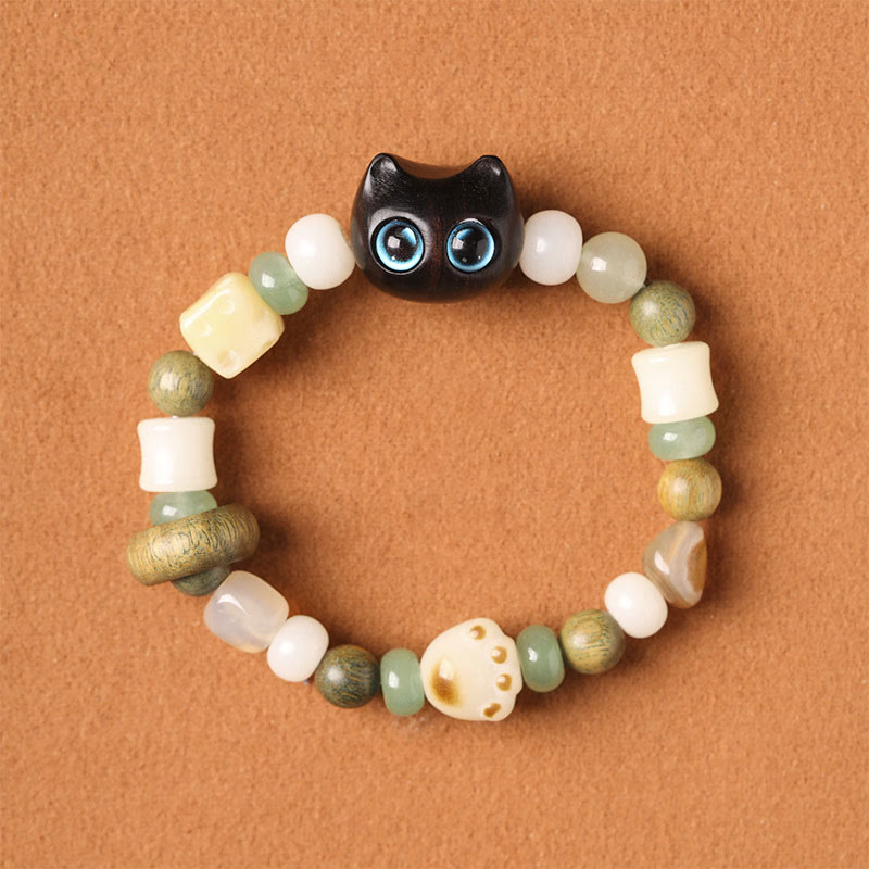 Buddha Stones Bodhi Seed Green Sandalwood Ebony Wood Small Leaf Red Sandalwood Cat Head Paw Claw Peace Bracelet - image 1