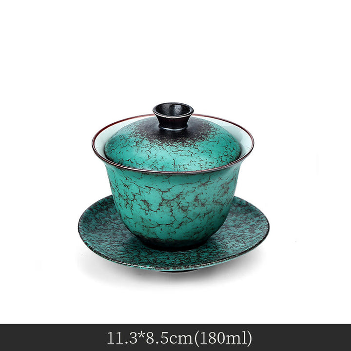 Buddha Stones Retro Green Glaze Ceramic Gaiwan Sancai Teacup Kung Fu Tea Cup And Saucer With Lid - image 5