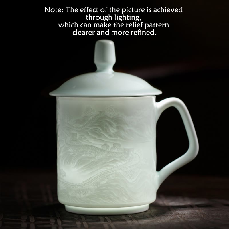 Buddha Stones Jingdezhen White Porcelain Handmade Great Wall Landscape Engraved Ceramic Teacup Office Mug Tea Cups - image 3