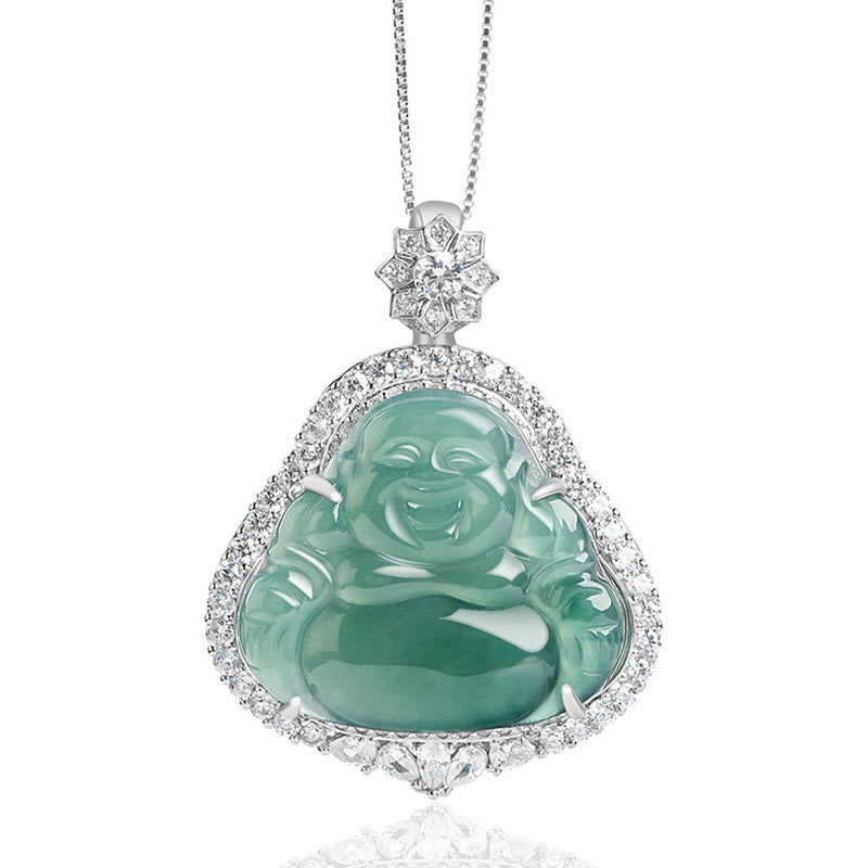 Buddha Stones 925 Sterling Silver Laughing Buddha Natural Jade Luck Abundance Chain Necklace Pendant - image 4