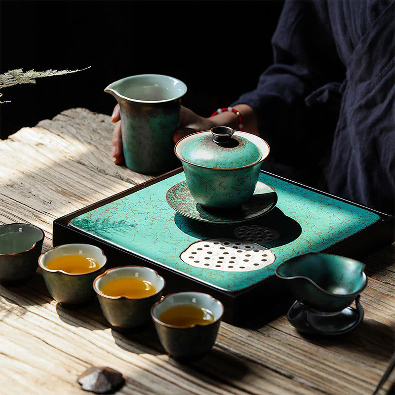 Buddha Stones Retro Green Glaze Ceramic Gaiwan Sancai Teacup Kung Fu Tea Cup And Saucer With Lid - image 7