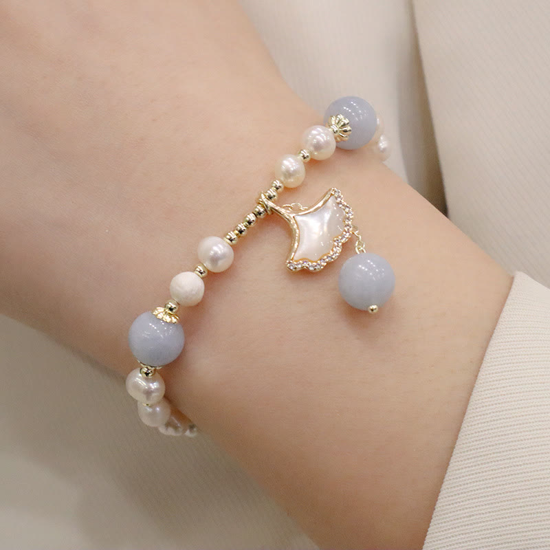 Buddha Stones Natural Aquamarine Pearl Healing Ginkgo Leaf Butterfly Charm Bracelet - image 4