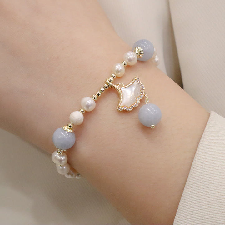 Buddha Stones Natural Aquamarine Pearl Healing Ginkgo Leaf Butterfly Charm Bracelet - image 4