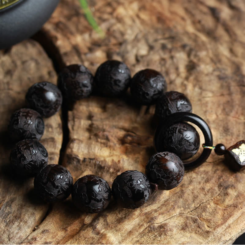 Buddha Stones Ebony Wood Chinese Character Yin Yang Engraved Gourd Balance Bracelet - image 3