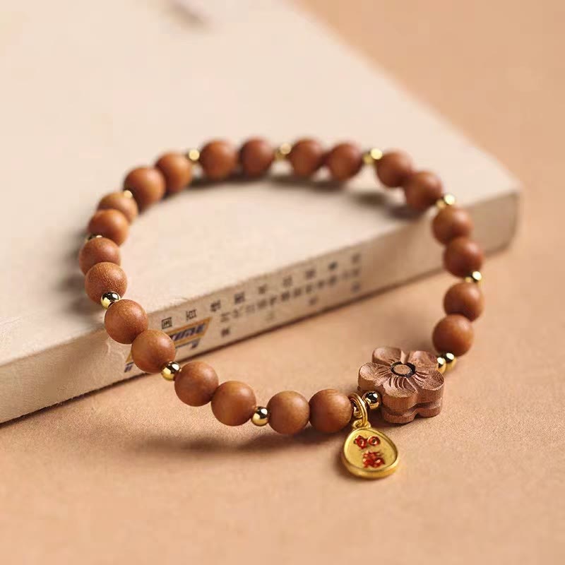 Buddha Stones Natural Sandalwood Peach Blossom Small Leaf Red Sandalwood Ruyi Charm Protection Bracelet - image 1