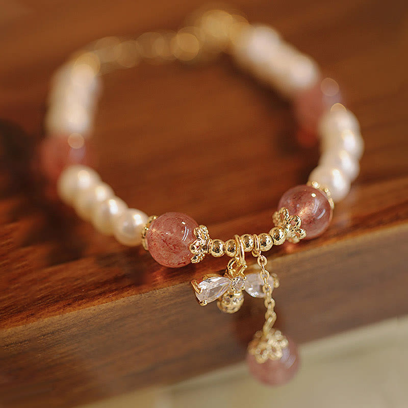 Buddha Stones Natural Pearl Strawberry Quartz Healing Cute Honey Bee Charm Bracelet - image 3