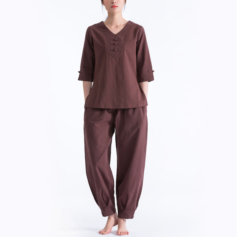 Buddha Stones Yoga Meditation Prayer V-neck Design Cotton Linen Clothing Uniform Zen Practice Women's Set - Brown - US8-10,UK/AU12-14,EU40-42 (2XL) - image 6