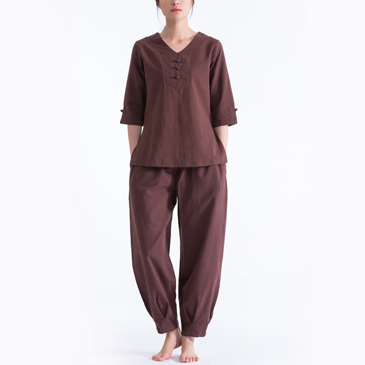 Buddha Stones Yoga Meditation Prayer V-neck Design Cotton Linen Clothing Uniform Zen Practice Women's Set - Brown - US8-10,UK/AU12-14,EU40-42 (2XL) - image 6