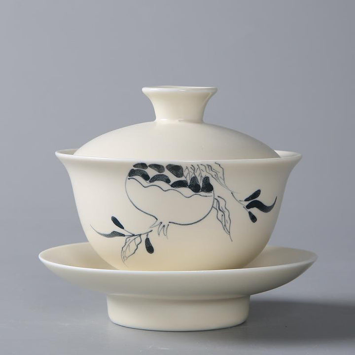 Buddha Stones Hand Painted Pomegranate Hibiscus Pine Lotus Ceramic Gaiwan Sancai Teacup Kung Fu Tea Cup And Saucer With Lid - 13*9cm*200ml - Pomegranate - image 0