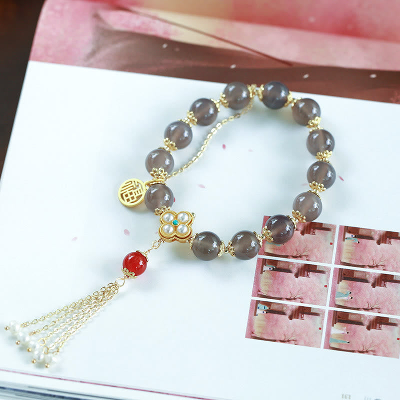 Buddha Stones Natural Gray Agate Fu Character Pearl Tassel Balance Bracelet - image 12