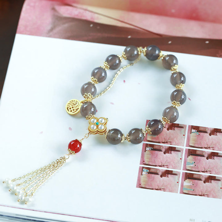 Buddha Stones Natural Gray Agate Fu Character Pearl Tassel Balance Bracelet - image 12