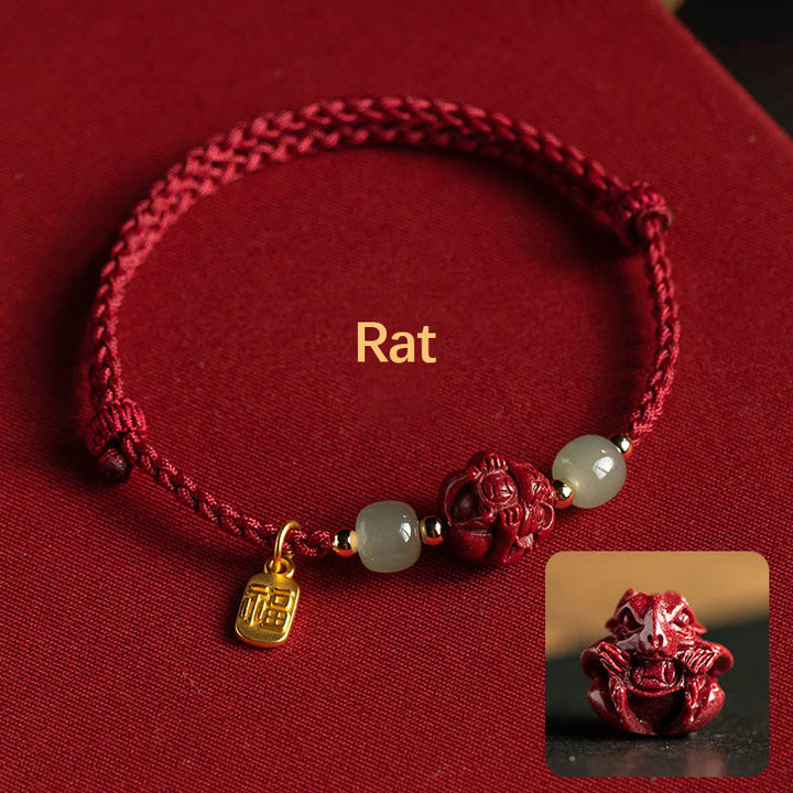 Buddha Stones Natural Cinnabar Chinese Zodiac Hetian Jade Fu Character Luck Rope Bracelet - Rat(Wrist Circumference 14-18cm) - image 0