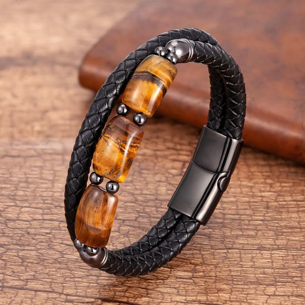 Buddha Stones Natural Tiger Eye Protection Willpower Magnetic Buckle Leather Bracelet - 18-20cm - image 0