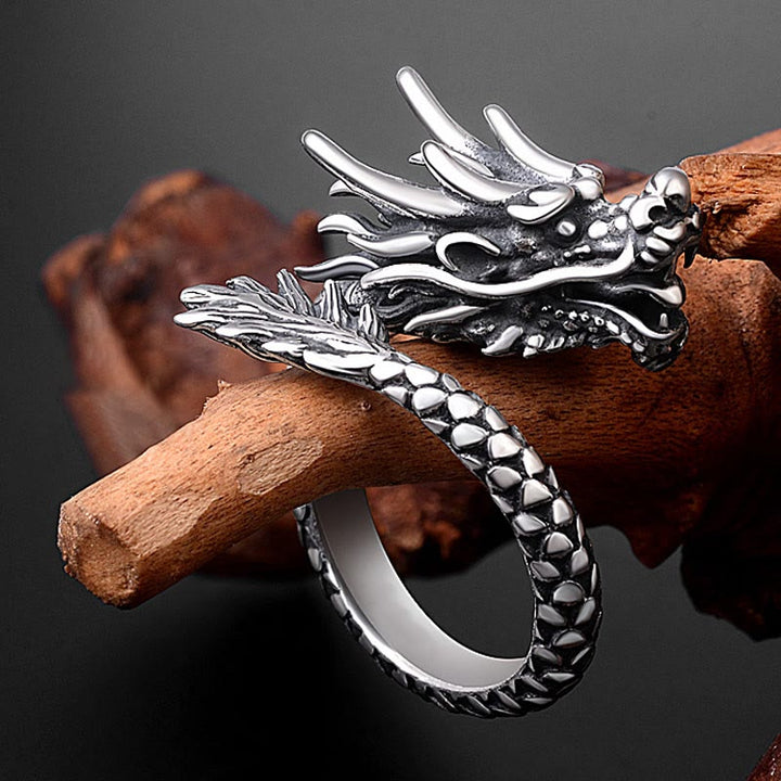 Buddha Stones 990 Sterling Silver Vintage Dragon Design Luck Protection Strength Adjustable Ring - image 1