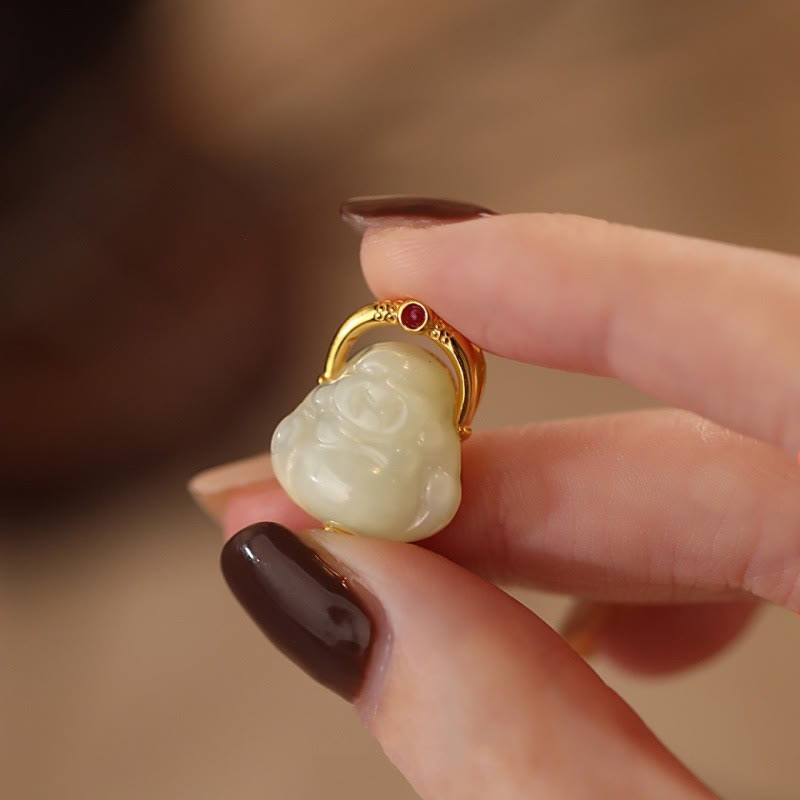 Buddha Stones 925 Sterling Silver Natural Hetian Jade Laughing Buddha Abundance Chain Necklace Pendant - image 2