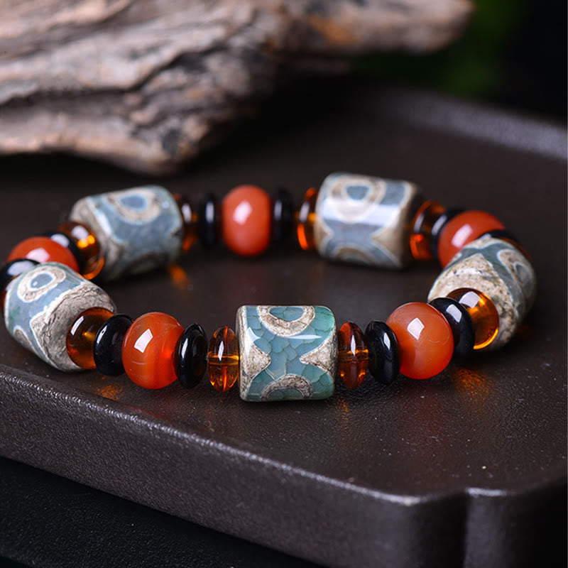 Buddha Stones Tibetan Three-eyed Dzi Bead Agate Protection Happiness Bracelet - Three-eyed Dzi Bead - image 0