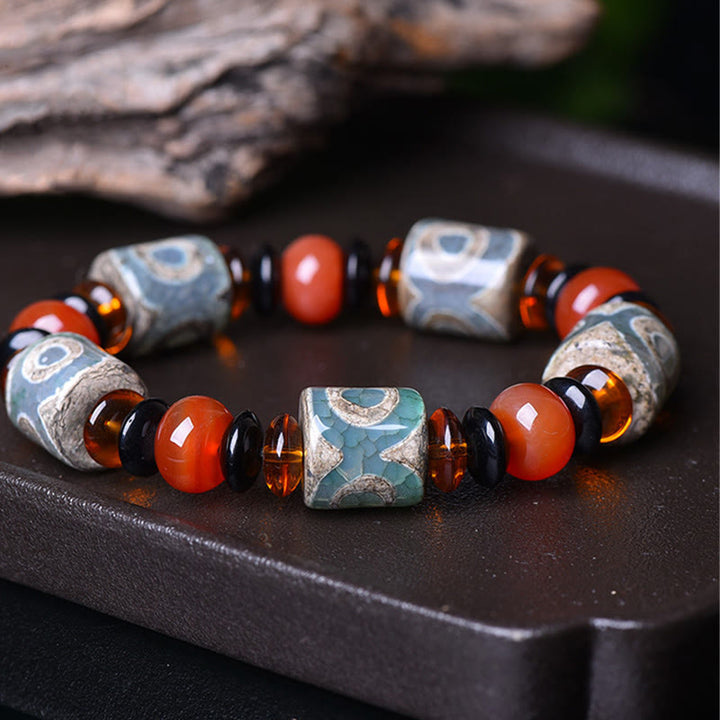 Buddha Stones Tibetan Three-eyed Dzi Bead Agate Protection Happiness Bracelet - Three-eyed Dzi Bead - image 0