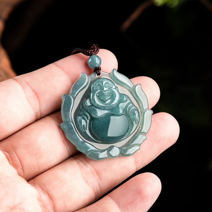 Buddha Stones Natural Jade Laughing Buddha Lotus Pattern Luck Necklace Pendant - image 3
