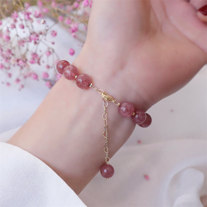 Buddha Stones Natural Strawberry Quartz Pearl Four Leaf Clover Love Bracelet - image 6
