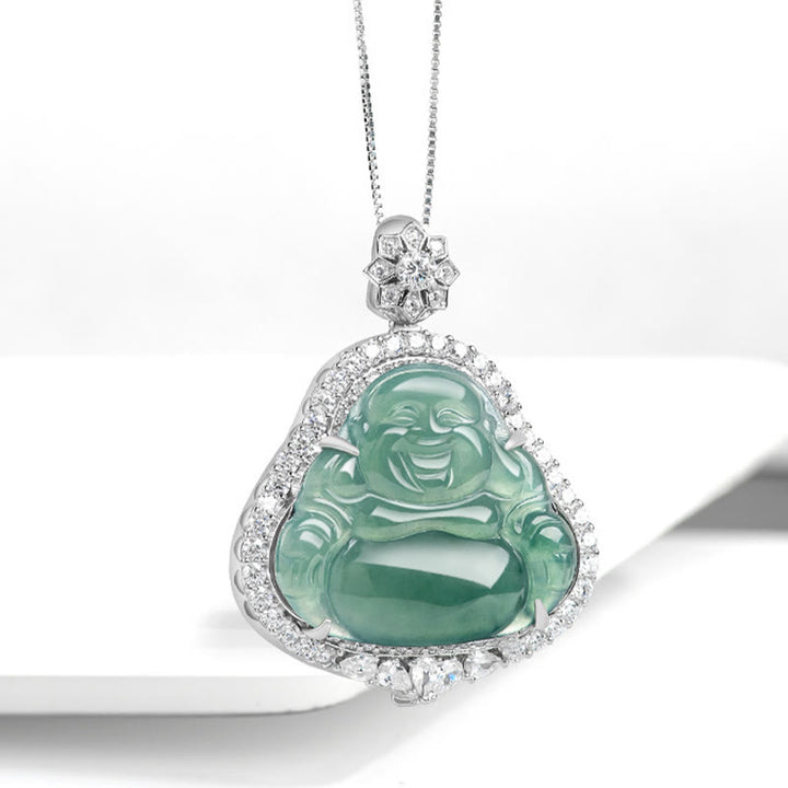 Buddha Stones 925 Sterling Silver Laughing Buddha Natural Jade Luck Abundance Chain Necklace Pendant - image 1