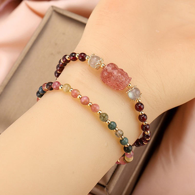 Buddha Stones Natural Tourmaline Garnet Strawberry Quartz PiXiu Moonstone Protection Bracelet - image 8