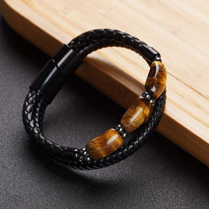Buddha Stones Natural Tiger Eye Protection Willpower Magnetic Buckle Leather Bracelet - image 4
