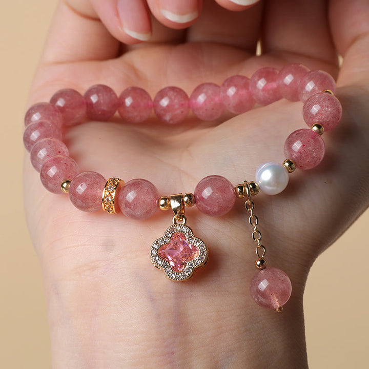Buddha Stones Strawberry Quartz Pearl Four Leaf Clover Charm Healing Bracelet - image 5
