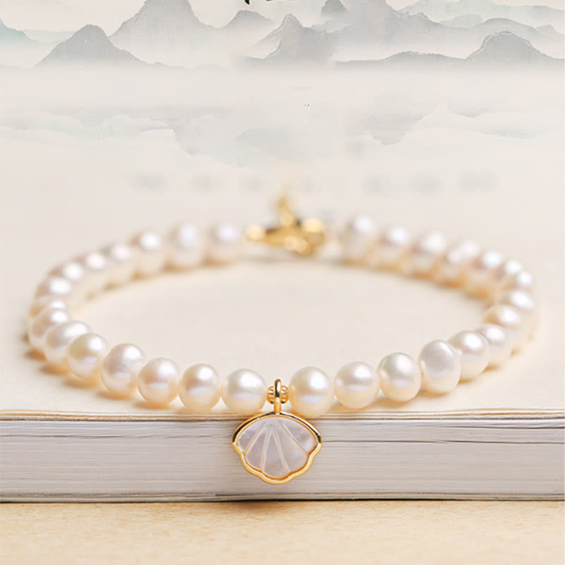 Buddha Stones 14K Gold Plated Natural Pearl Crystal Shell Charm Bead Bracelet - Pearl Shell Charm - image 0