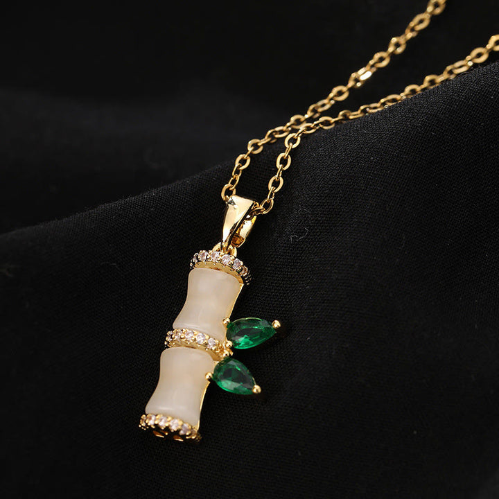 Buddha Stones 18K Gold Plated Chalcedony Bamboo Rhinestones Harmony Necklace Pendant - image 3