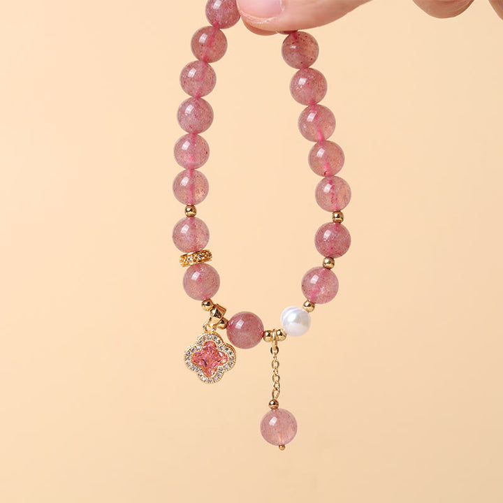 Buddha Stones Strawberry Quartz Pearl Four Leaf Clover Charm Healing Bracelet - image 7
