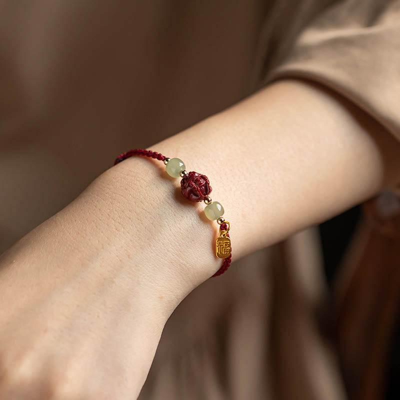 Buddha Stones Natural Cinnabar Chinese Zodiac Hetian Jade Fu Character Luck Rope Bracelet - image 13