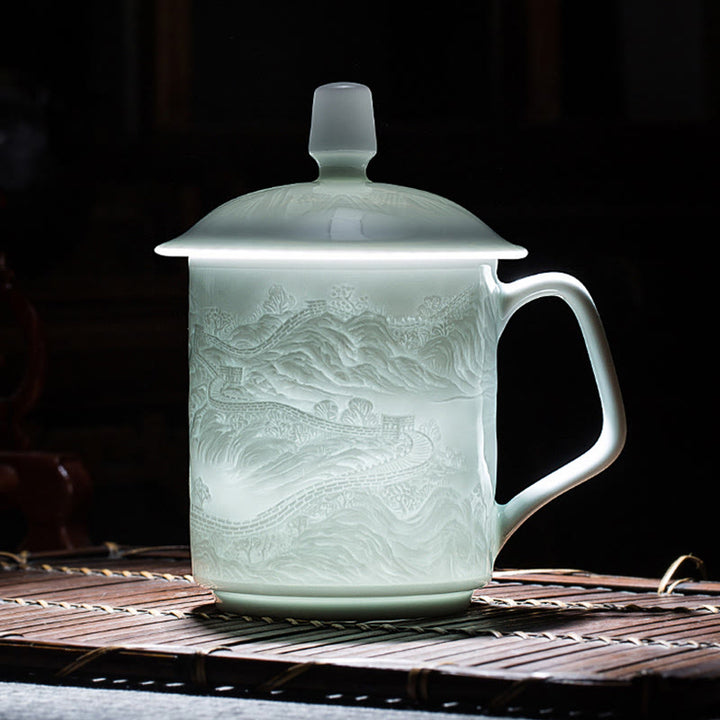 Buddha Stones Jingdezhen White Porcelain Handmade Great Wall Landscape Engraved Ceramic Teacup Office Mug Tea Cups - Great Wall 8.5cm*14.5cm*400ml - image 0