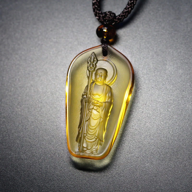 Buddha Stones Ksitigarbha Buddha Liuli Crystal Serenity Amulet Necklace Pendant - Yellow Standing Ksitigarbha - image 6