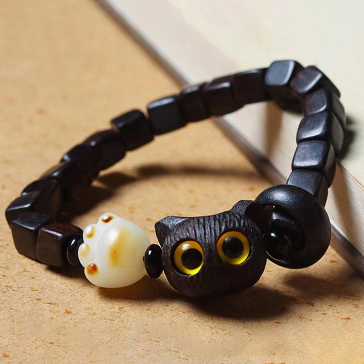 Buddha Stones Ebony Wood Cute Cat Bodhi Seed Paw Claw Square Beads Calm Bracelet - image 2