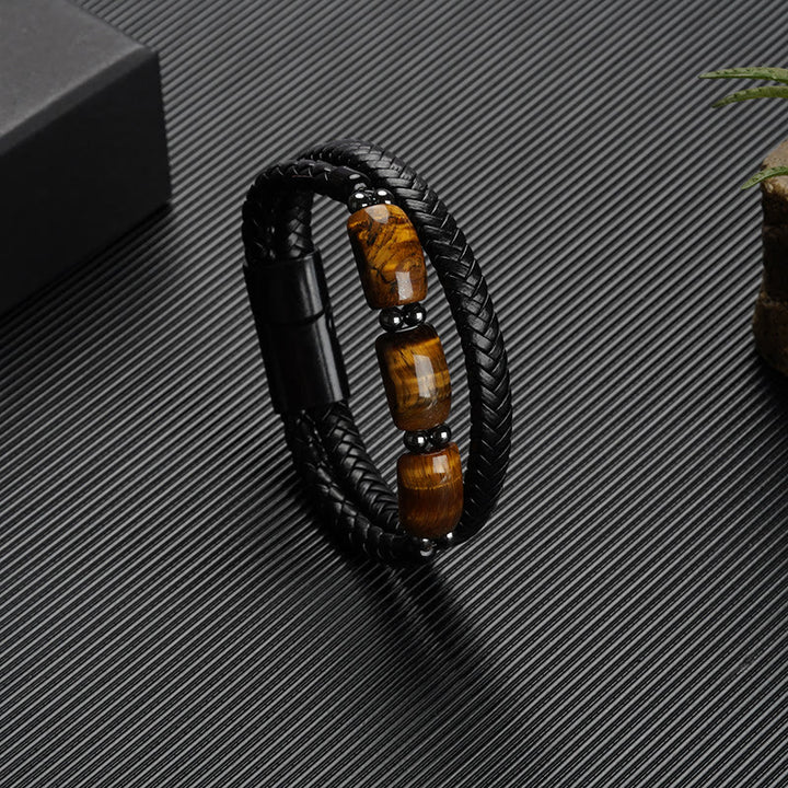 Buddha Stones Natural Tiger Eye Protection Willpower Magnetic Buckle Leather Bracelet - image 7