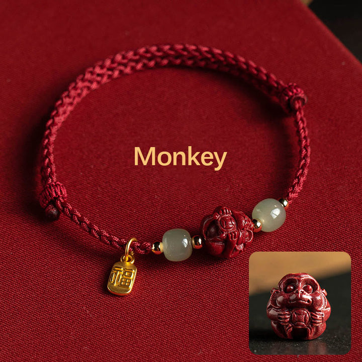 Buddha Stones Natural Cinnabar Chinese Zodiac Hetian Jade Fu Character Luck Rope Bracelet - Monkey(Wrist Circumference 14-18cm) - image 10