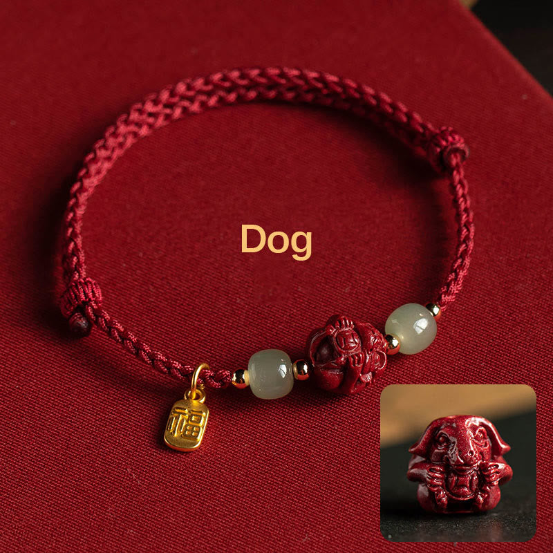 Buddha Stones Natural Cinnabar Chinese Zodiac Hetian Jade Fu Character Luck Rope Bracelet - Dog(Wrist Circumference 14-18cm) - image 20