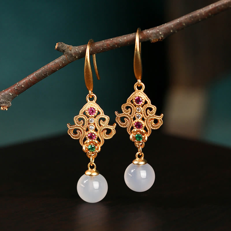 Buddha Stones 24K Gold Plated Round Chalcedony Positive Dangle Drop Earrings - image 3