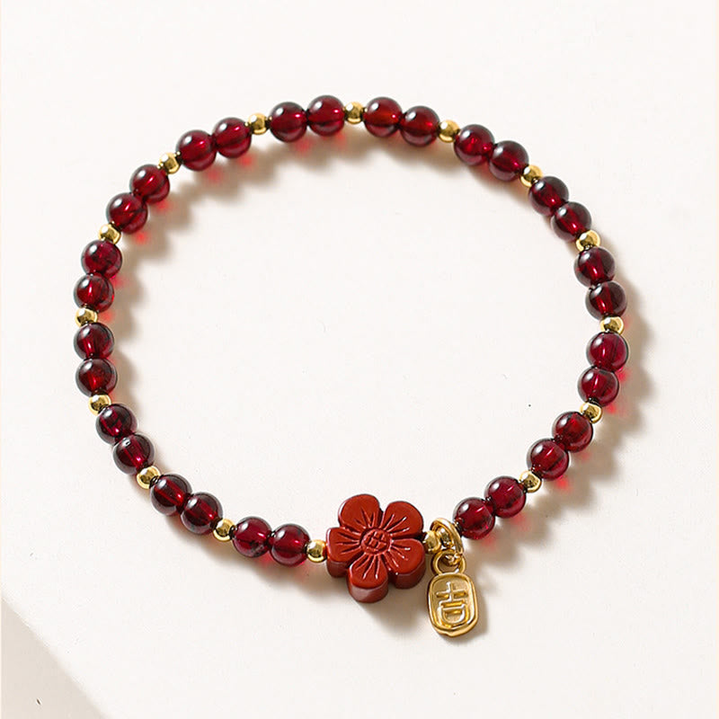 Buddha Stones 14K Gold Natural Garnet Cinnabar Flower Calm Bracelet - image 1