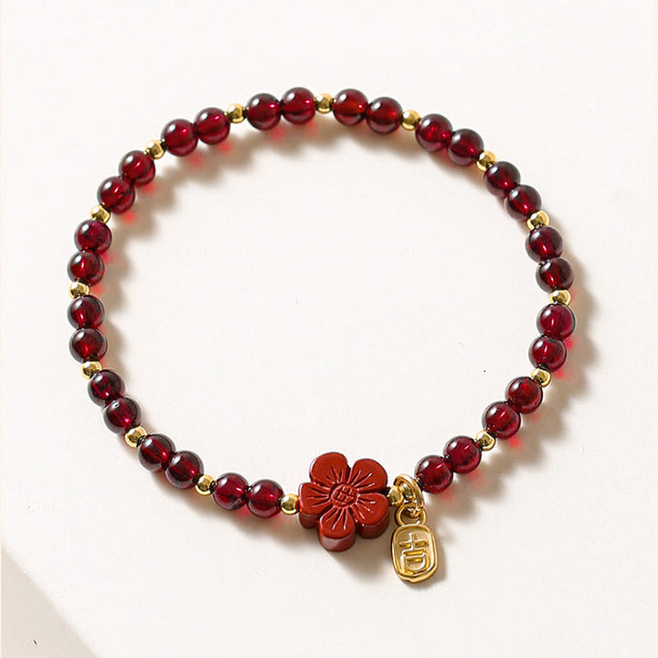 Buddha Stones 14K Gold Natural Garnet Cinnabar Flower Calm Bracelet - image 1