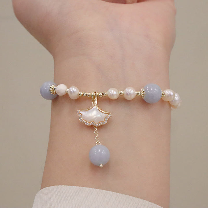 Buddha Stones Natural Aquamarine Pearl Healing Ginkgo Leaf Butterfly Charm Bracelet - image 6