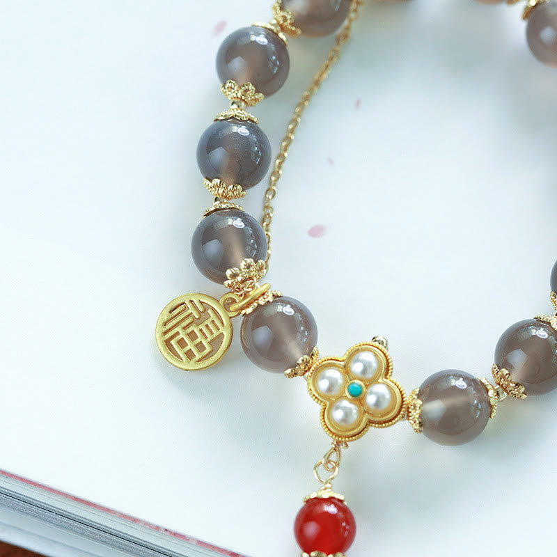 Buddha Stones Natural Gray Agate Fu Character Pearl Tassel Balance Bracelet - image 7