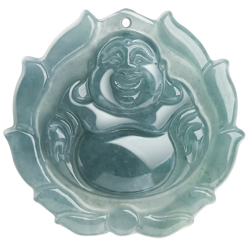 Buddha Stones Natural Jade Laughing Buddha Lotus Pattern Luck Necklace Pendant - image 8