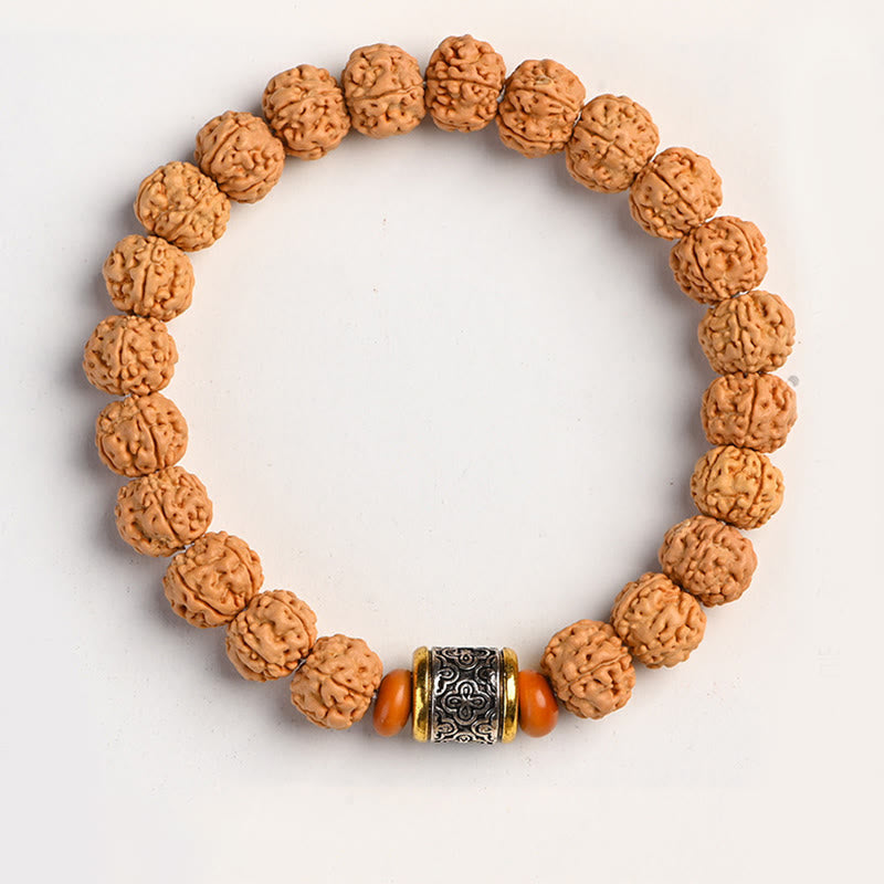 Buddha Stones Tibet Rudraksha Bodhi Seed Wealth Auspiciousness Bracelet - Tibetan Silver Bucket Bead - image 5