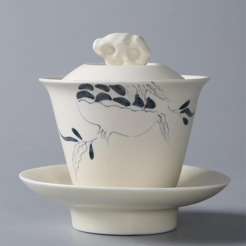 Buddha Stones Hand Painted Pomegranate Hibiscus Pine Lotus Ceramic Gaiwan Sancai Teacup Kung Fu Tea Cup And Saucer With Lid - 9*10cm*170ml - Pomegranate - image 9