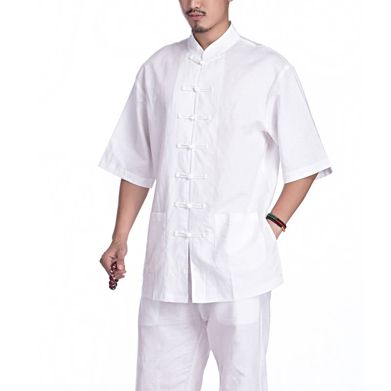Buddha Stones Chinese Frog Button Design Meditation Prayer Cotton Linen Spiritual Zen Practice Yoga Clothing Men's Set - White(Short Sleeve) - US/UK/AU44,EU54 (3XL) - image 21